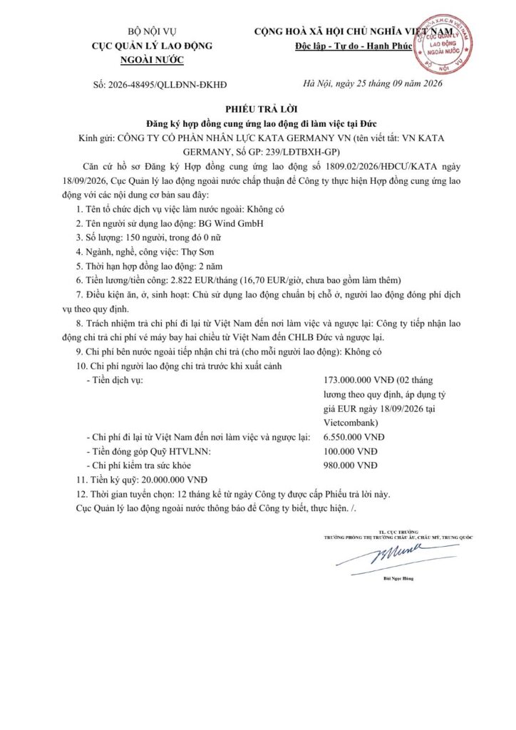 Phiếu trả lời Cục Quản lý lao động ngoài nước số 2026-48495/QLLĐNN-ĐKHĐ - Thợ sơn